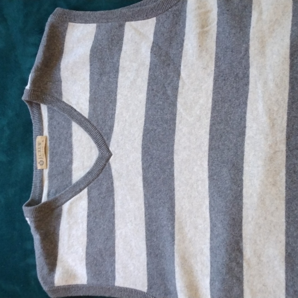 J. Crew XL White & Gray Stripe Cotton/Cashmere Sweater Vest